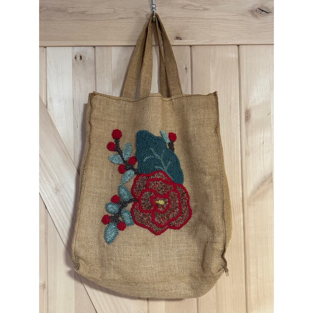 Antique Mid-Century Handmade Floral Hooked Wool Work on Burlap Tote Bag